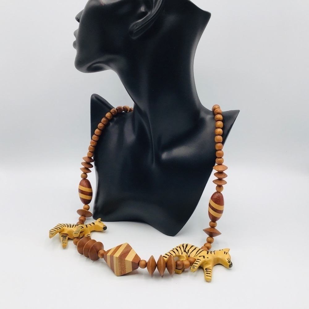 VTG Statement Necklace Wood Animal African Safari Zebra Beads Jungle Retro - Picture 3 of 9